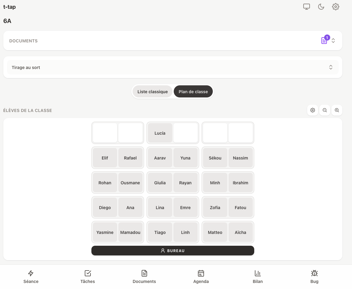 Plan de classe de l'application t-tap, pour choisir un élève.