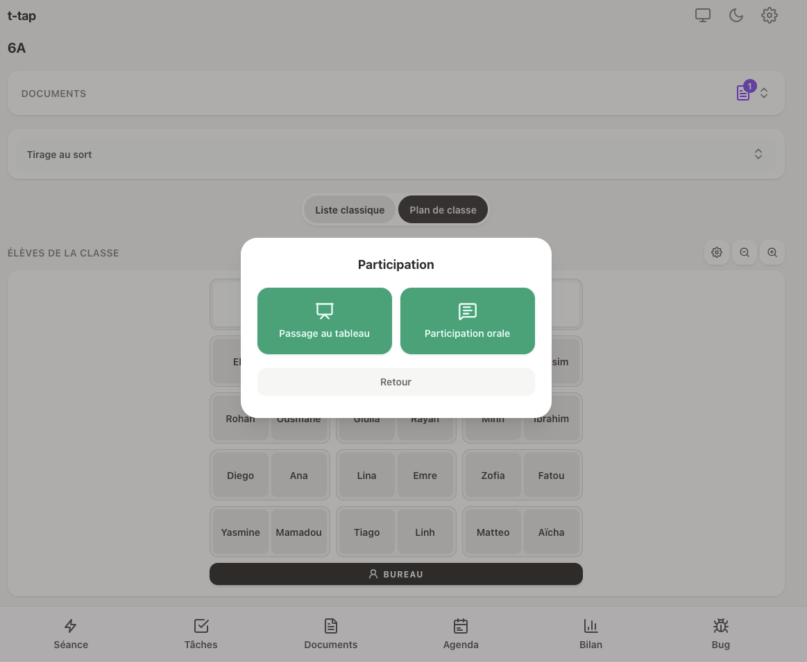 Choix de la catégorie d'événement dans l'application t-tap.